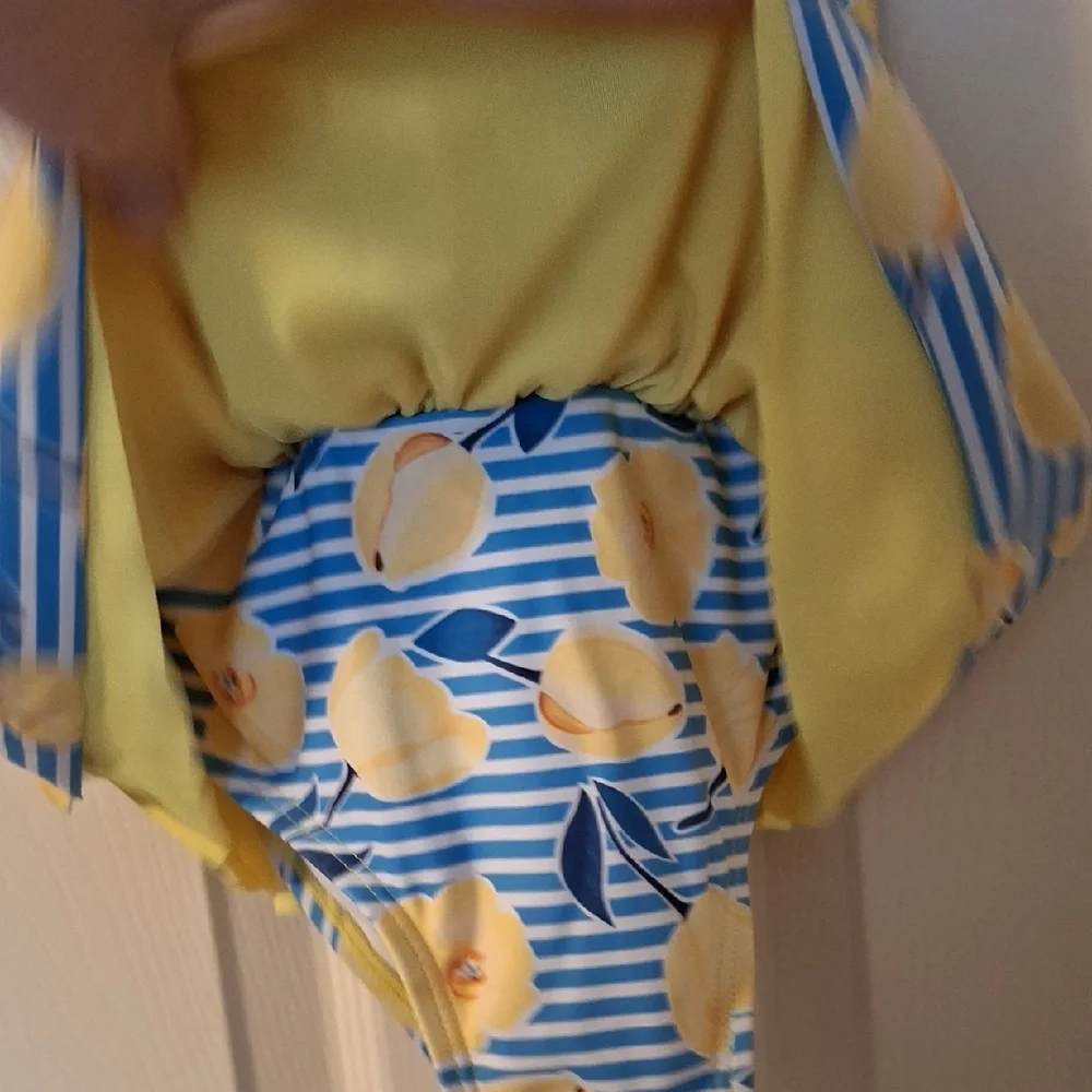 Yellow Floral and Blue Striped Swimsuit